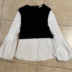 Moth Black and White Blouse with Puff Sleeves